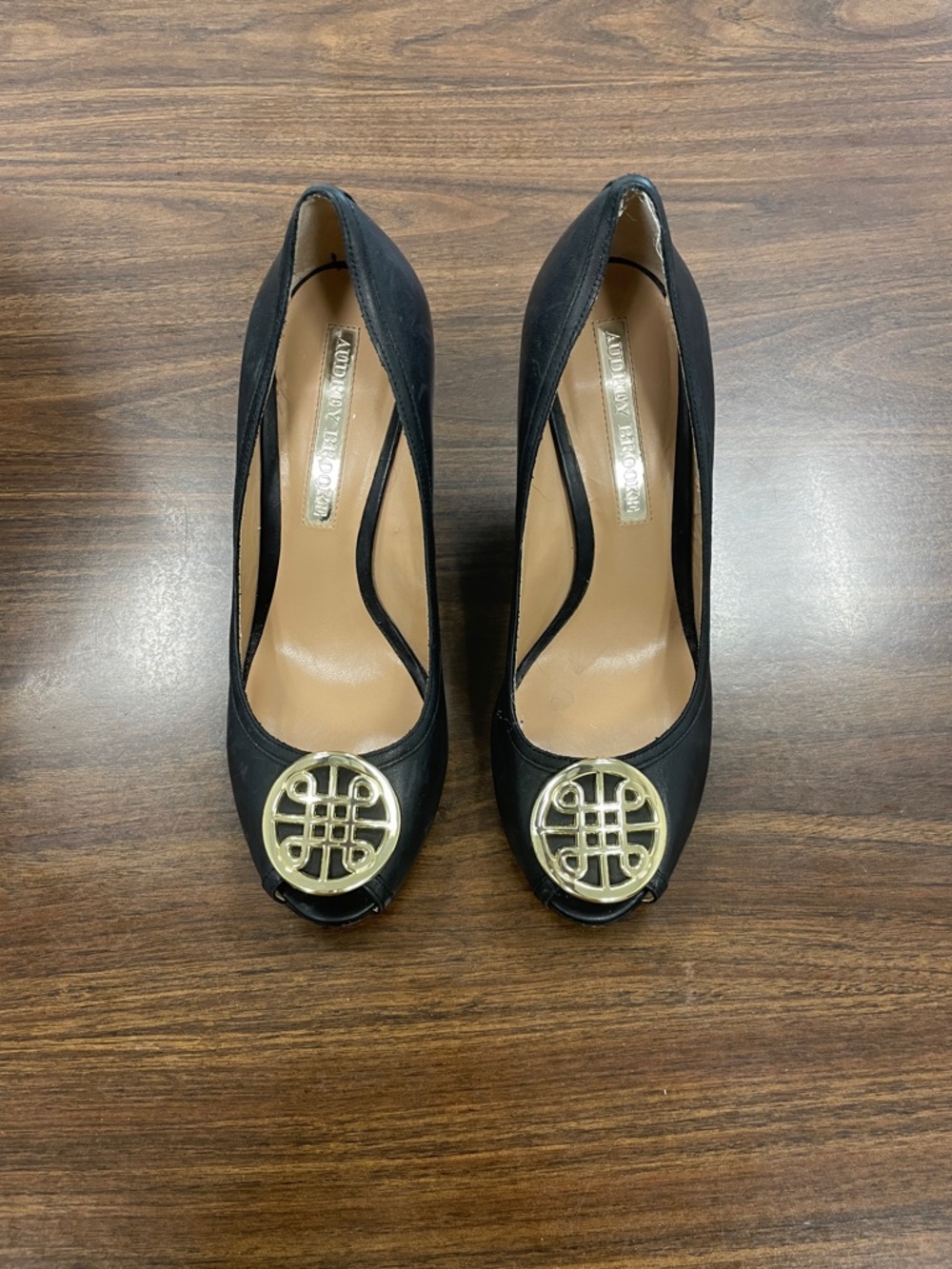 Audrey Brooke Black Peep-Toe Heels with Gold Medallion